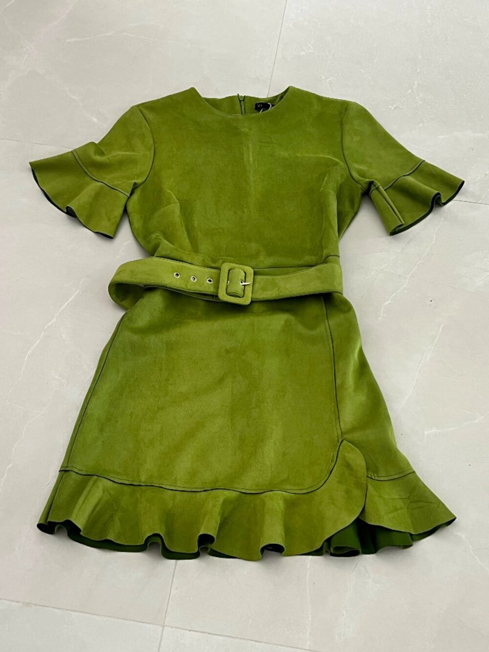 Sfera Collection Olive Green Faux Suede Belted Ruffle Dress (Size Medium)